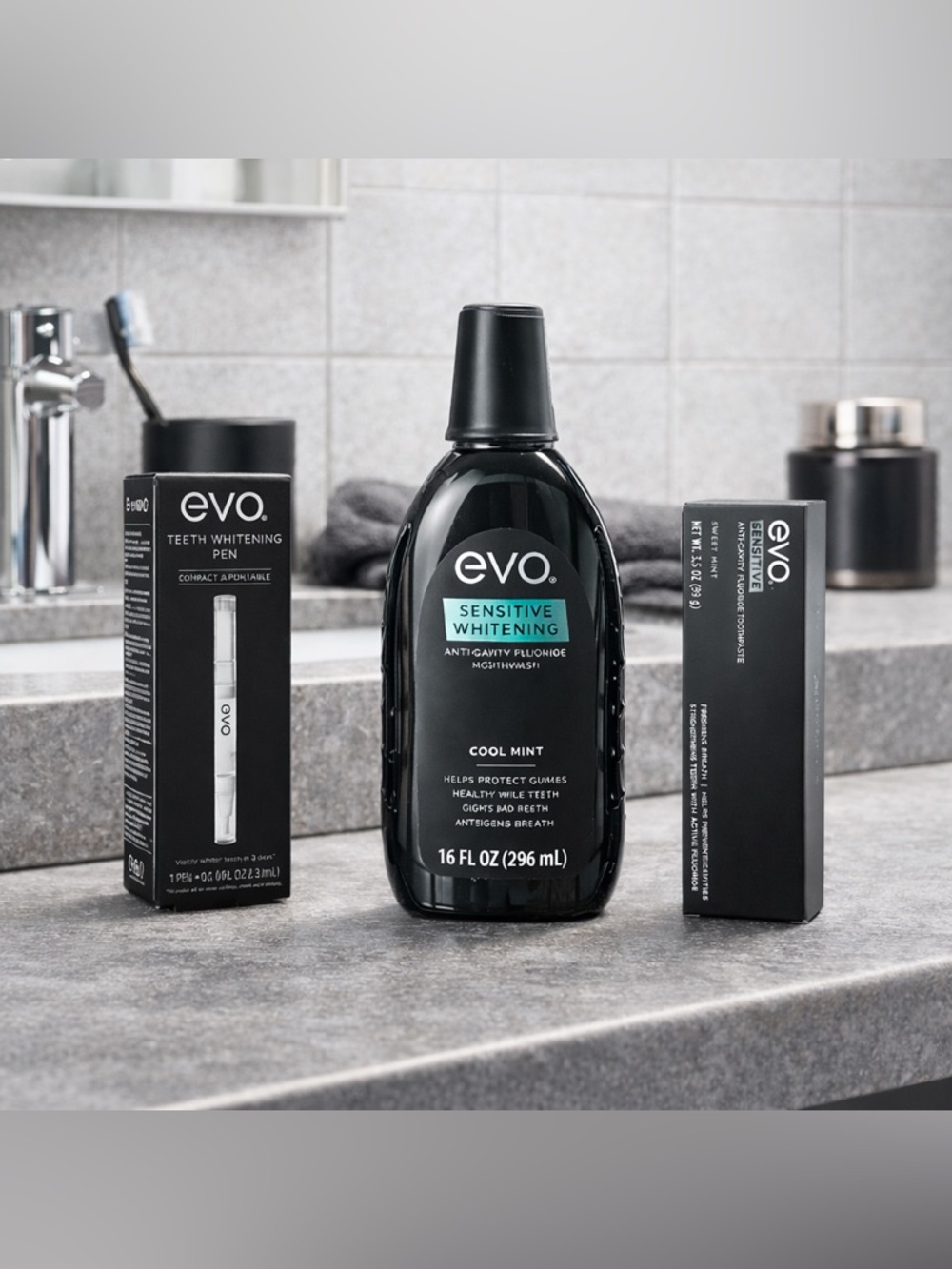 EVO Whitening Oral Care Set 3 Piece Combo (Toothpaste, Mouthwash, Whitening Pen)